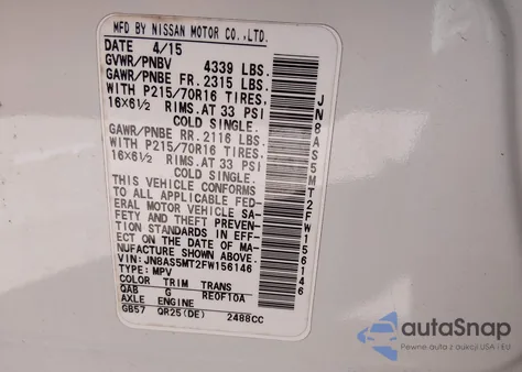 2015 Nissan Rogue Select S z USA, uszkodzony, nr VIN JN8AS5MT2FW156146